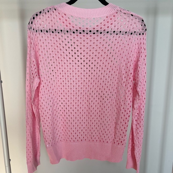 Women's Crochet Crewneck Lightweight Hollow Out Long Sleeve Knit Sweater | Pink - Picture 4 of 6